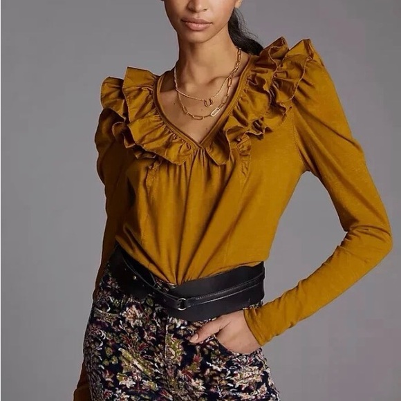 Chic Mustard Ruffle Blouse - Picture 2 of 3